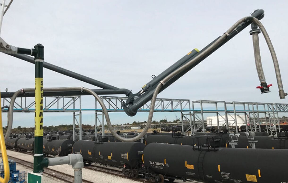 Hemco Industries crude oil loading platform with gangway at a tank car terminal
